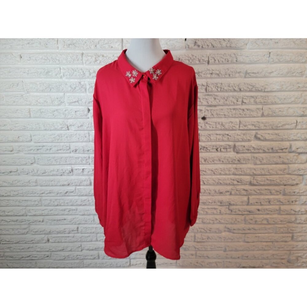 Woman Within Blouse 3X Plus Red Button Up Long Sleeve Beaded Sheer Career RED74E
